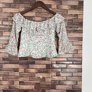 Revolve Lovers + Friends Blouse Cropped Top Open Shoulder Green Floral XS New
